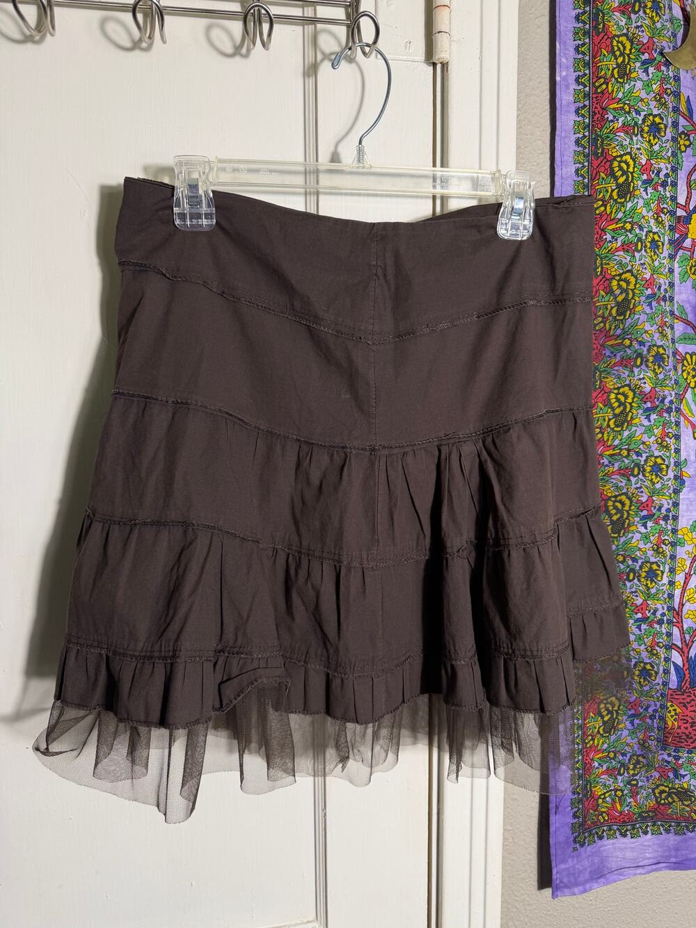 Y2K Brown Tiered Ruffle Mini Skirt Sheer Mesh Hem Fairy Grunge - Size L